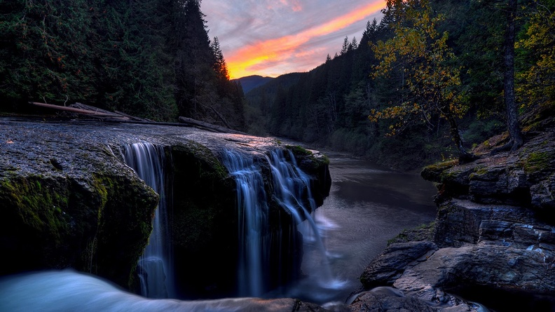 Dark waterfall, trees